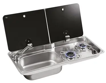 2-Pits gaskomfoor met kleine, medium brander met spoelbak(L), gedeelde afdekpl Dagaanbieding
